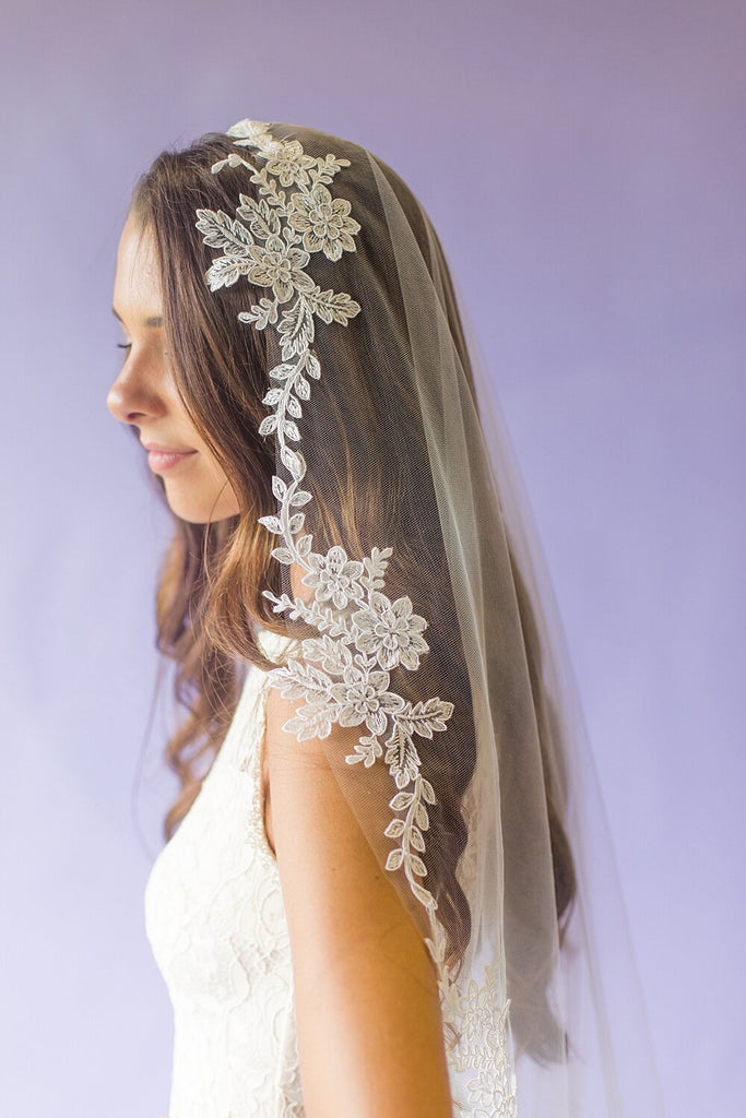 Adora by Simona Wedding Veils - Bridal Lace and 3D Flowers Mantilla Veil - Cathedral Length